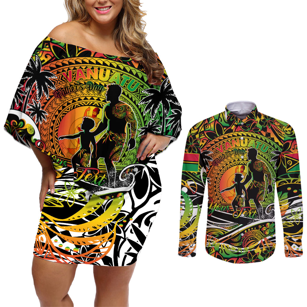 Father's Day Vanuatu Couples Matching Off Shoulder Short Dress and Long Sleeve Button Shirt Special Dad Polynesia Paradise