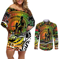 Father's Day Vanuatu Couples Matching Off Shoulder Short Dress and Long Sleeve Button Shirt Special Dad Polynesia Paradise