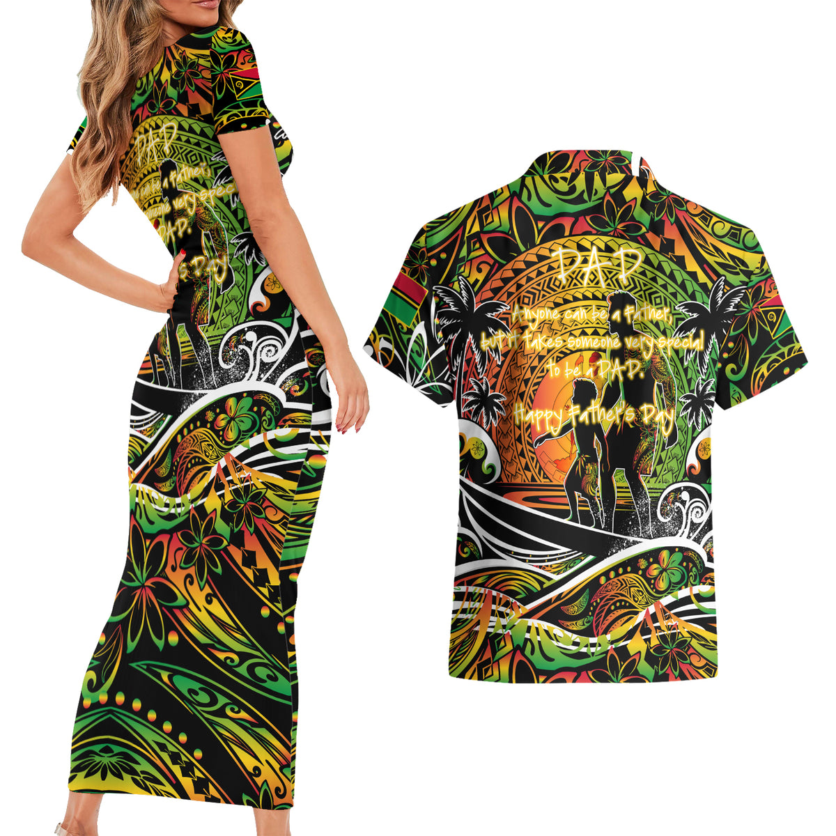 Father's Day Vanuatu Couples Matching Short Sleeve Bodycon Dress and Hawaiian Shirt Special Dad Polynesia Paradise