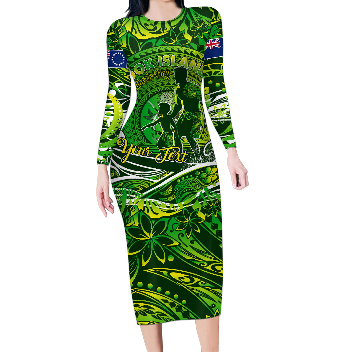 Father's Day Cook Islands Family Matching Long Sleeve Bodycon Dress and Hawaiian Shirt Special Dad Polynesia Paradise DT02 Mom's Dress Green - Polynesian Pride
