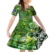Father's Day Cook Islands Family Matching Off The Shoulder Long Sleeve Dress and Hawaiian Shirt Special Dad Polynesia Paradise DT02 Daughter's Dress Green - Polynesian Pride