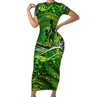 Father's Day Cook Islands Family Matching Short Sleeve Bodycon Dress and Hawaiian Shirt Special Dad Polynesia Paradise DT02 Mom's Dress Green - Polynesian Pride