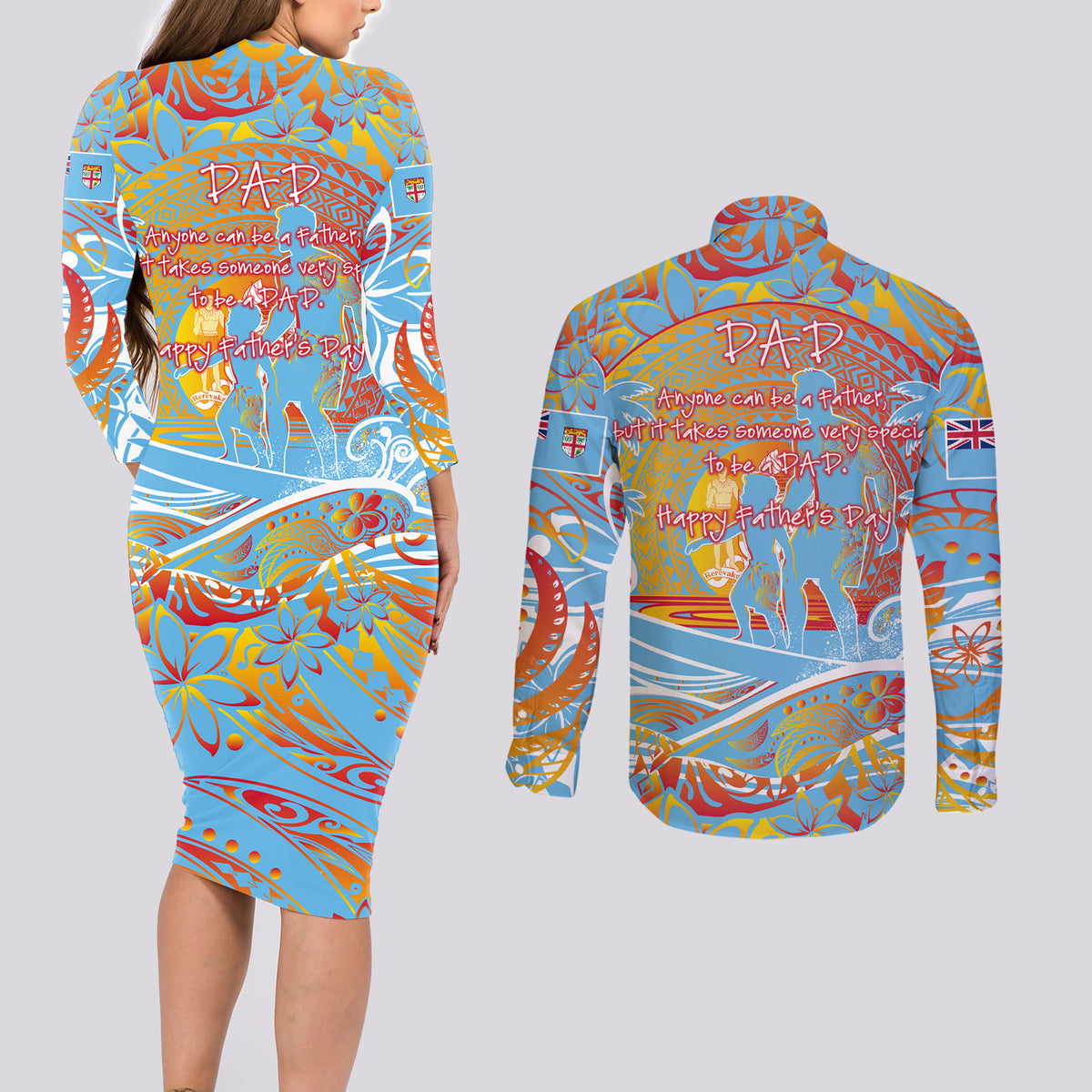 Father's Day Fiji Couples Matching Long Sleeve Bodycon Dress and Long Sleeve Button Shirt Special Dad Polynesia Paradise
