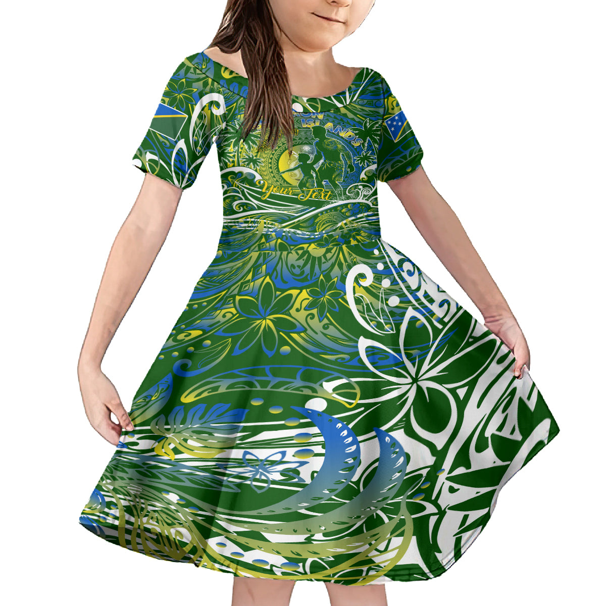 Father's Day Solomon Islands Family Matching Off The Shoulder Long Sleeve Dress and Hawaiian Shirt Special Dad Polynesia Paradise DT02 Daughter's Dress Green - Polynesian Pride