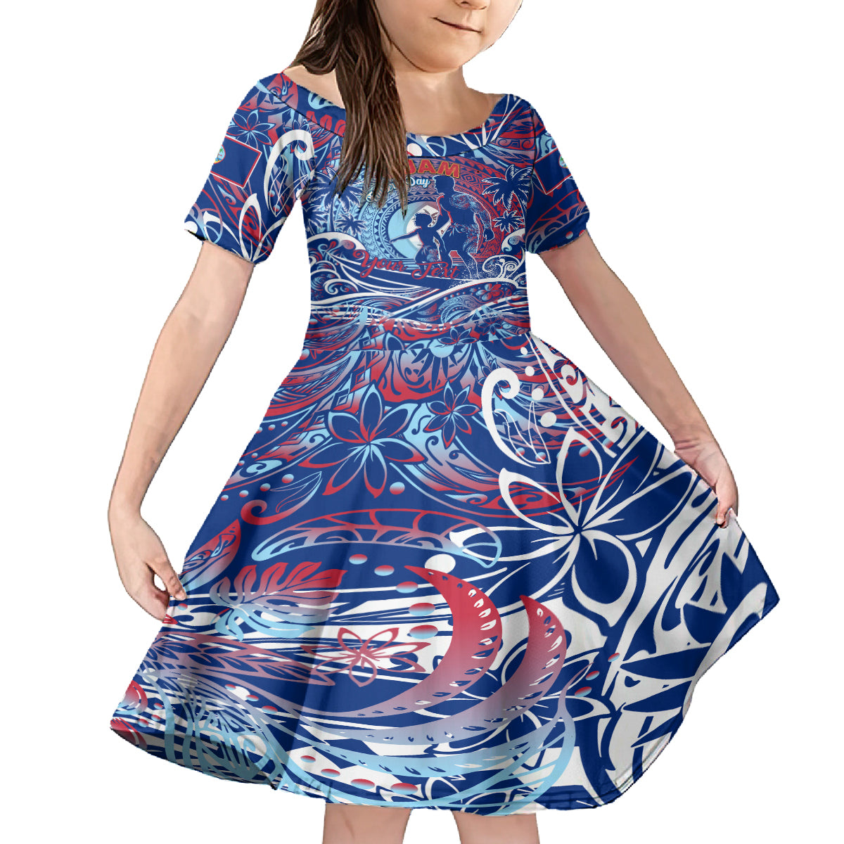 Father's Day Guam Family Matching Off The Shoulder Long Sleeve Dress and Hawaiian Shirt Special Dad Polynesia Paradise DT02 Daughter's Dress Blue - Polynesian Pride