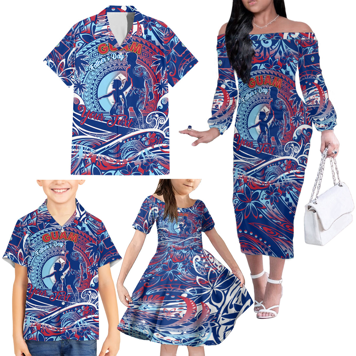 Father's Day Guam Family Matching Off The Shoulder Long Sleeve Dress and Hawaiian Shirt Special Dad Polynesia Paradise DT02 - Polynesian Pride