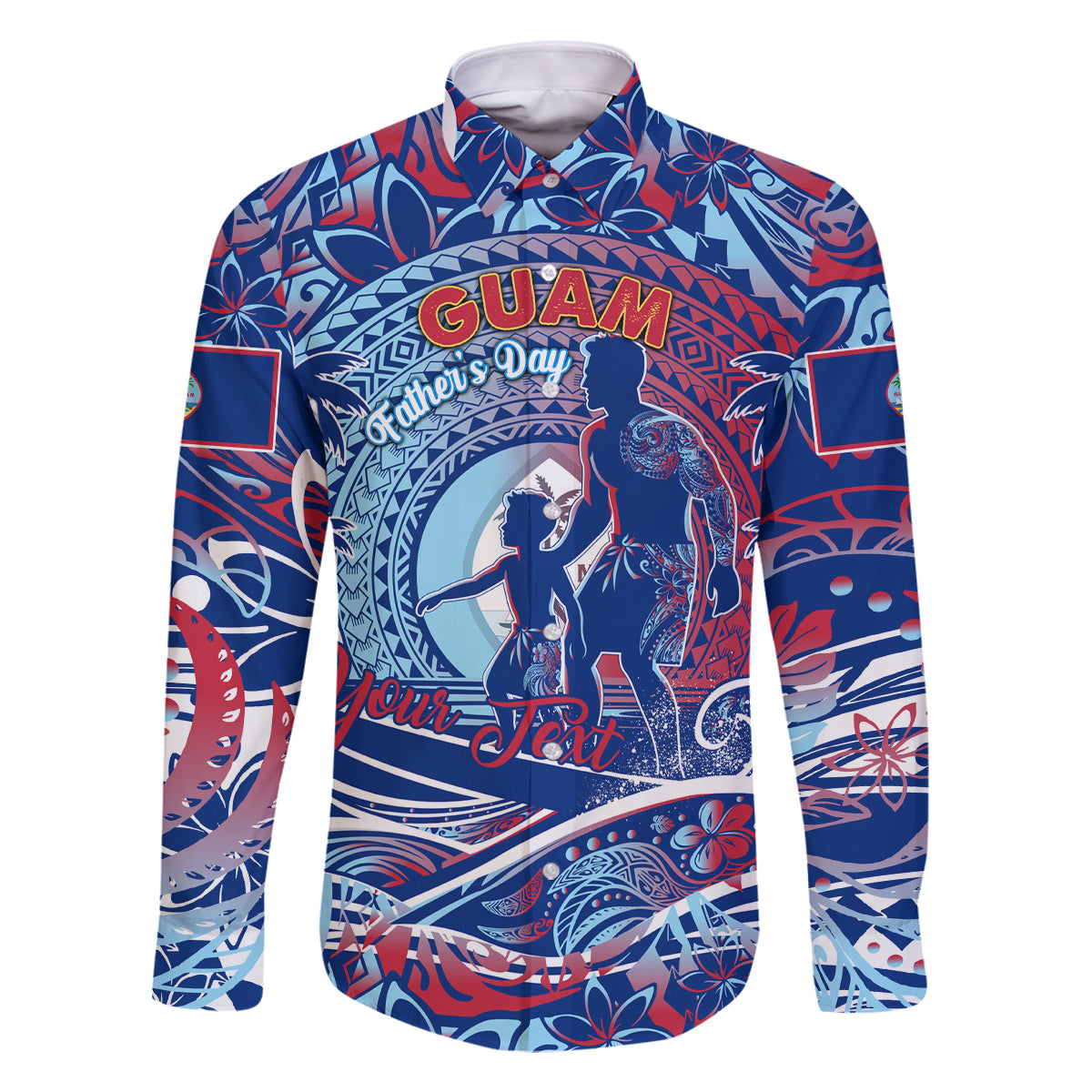 Father's Day Guam Family Matching Off The Shoulder Long Sleeve Dress and Hawaiian Shirt Special Dad Polynesia Paradise DT02 Dad's Shirt - Long Sleeve Blue - Polynesian Pride