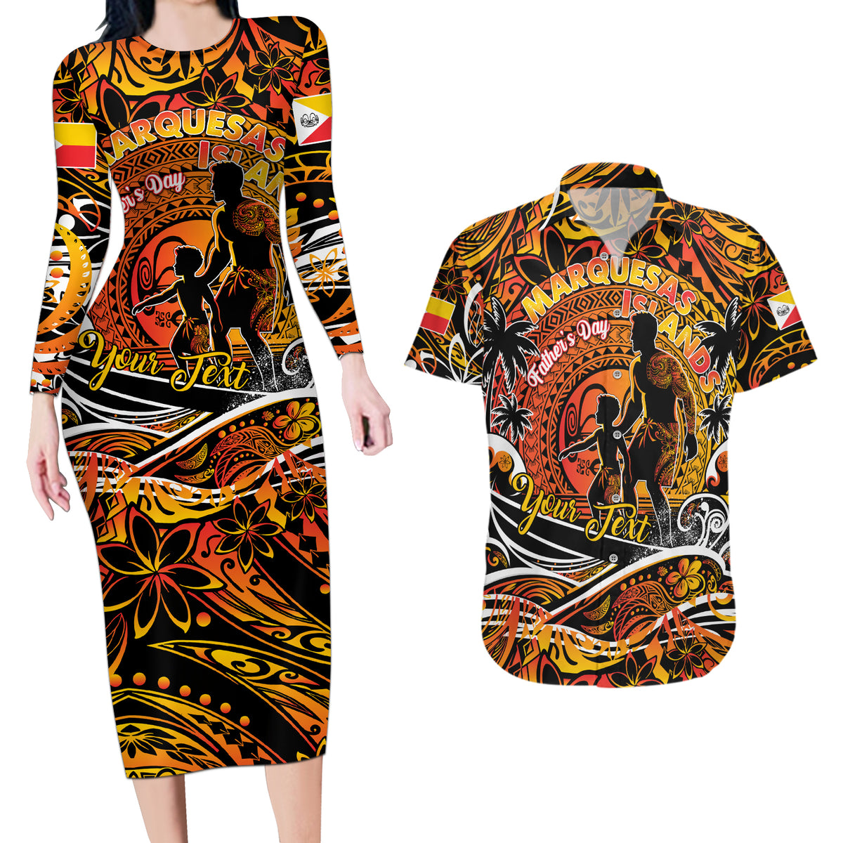 Father's Day Marquesas Islands Couples Matching Long Sleeve Bodycon Dress and Hawaiian Shirt Special Dad Polynesia Paradise DT02 Orange - Polynesian Pride
