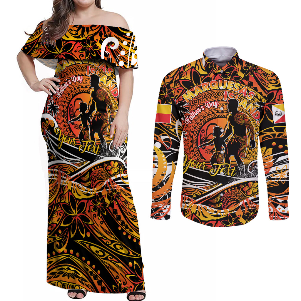 Father's Day Marquesas Islands Couples Matching Off Shoulder Maxi Dress and Long Sleeve Button Shirt Special Dad Polynesia Paradise DT02 Orange - Polynesian Pride