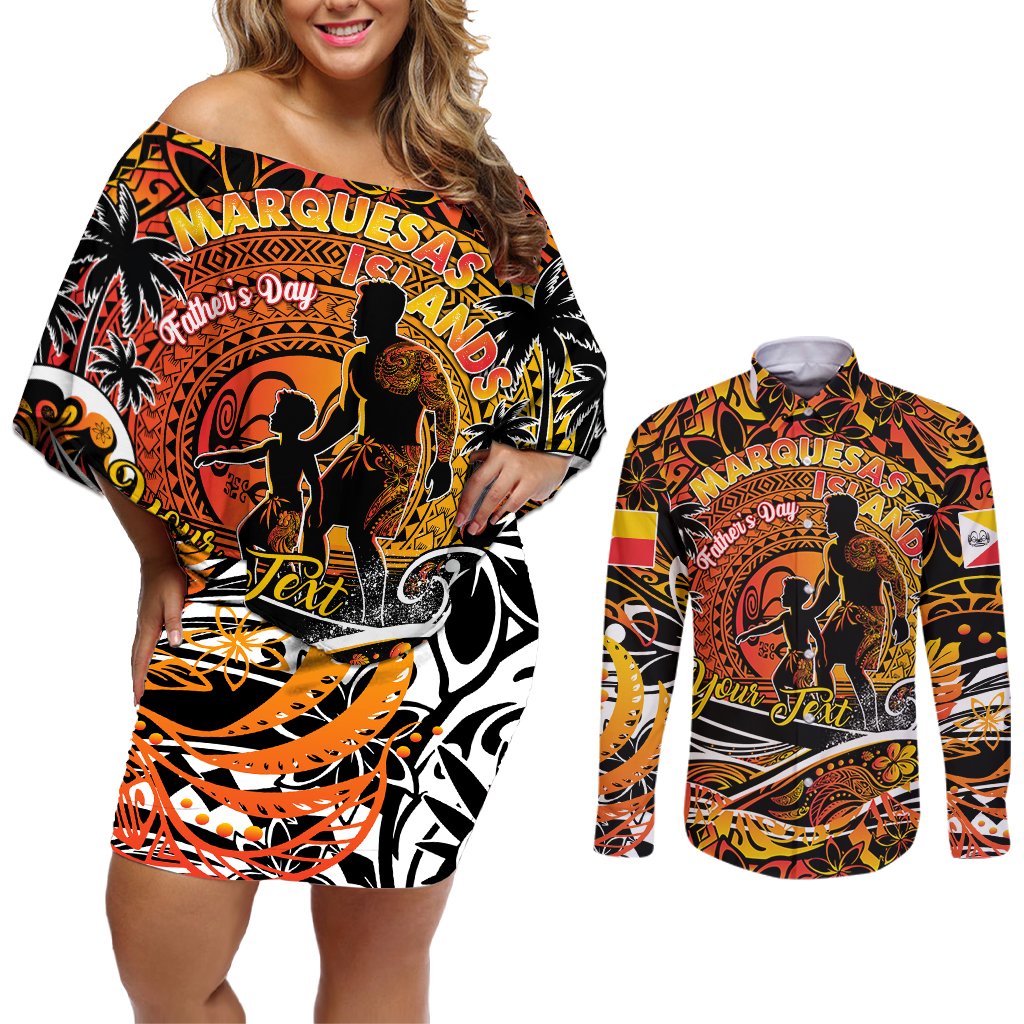 Father's Day Marquesas Islands Couples Matching Off Shoulder Short Dress and Long Sleeve Button Shirt Special Dad Polynesia Paradise DT02 Orange - Polynesian Pride