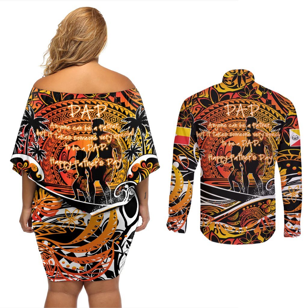 Father's Day Marquesas Islands Couples Matching Off Shoulder Short Dress and Long Sleeve Button Shirt Special Dad Polynesia Paradise DT02 - Polynesian Pride
