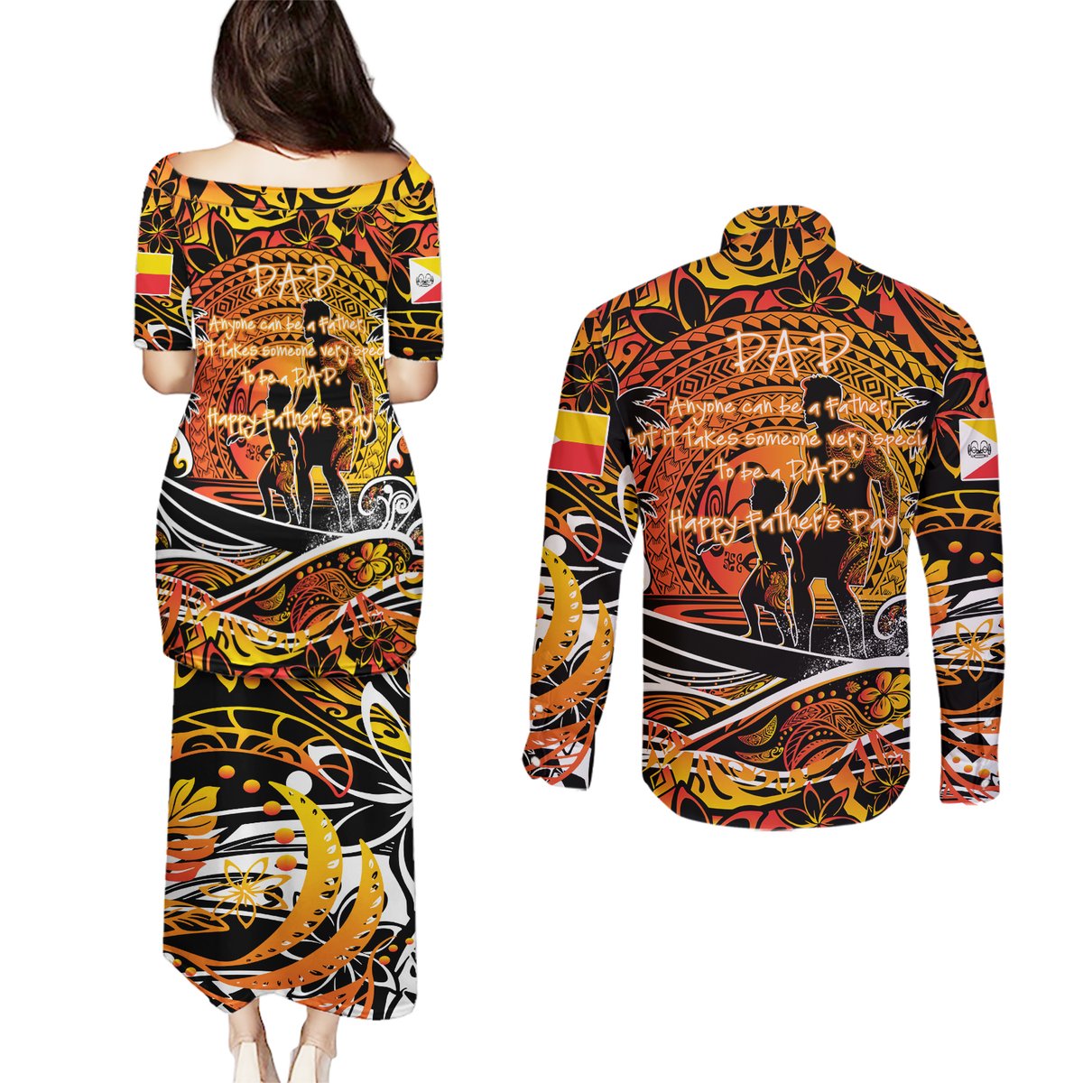 Father's Day Marquesas Islands Couples Matching Puletasi and Long Sleeve Button Shirt Special Dad Polynesia Paradise