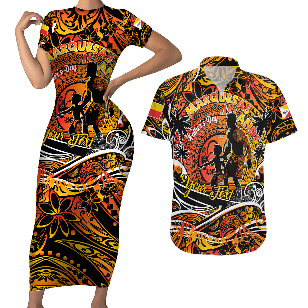 Father's Day Marquesas Islands Couples Matching Short Sleeve Bodycon Dress and Hawaiian Shirt Special Dad Polynesia Paradise DT02 Orange - Polynesian Pride