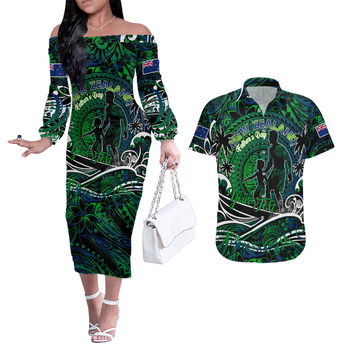 Father's Day New Zealand Couples Matching Off The Shoulder Long Sleeve Dress and Hawaiian Shirt Special Dad Polynesia Paradise DT02 Green - Polynesian Pride