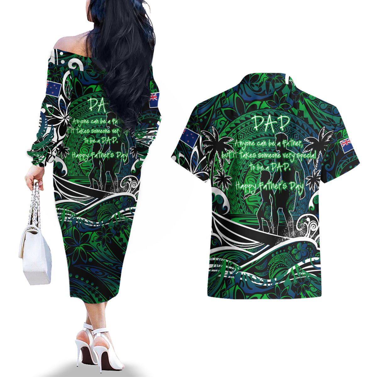 Father's Day New Zealand Couples Matching Off The Shoulder Long Sleeve Dress and Hawaiian Shirt Special Dad Polynesia Paradise DT02 - Polynesian Pride