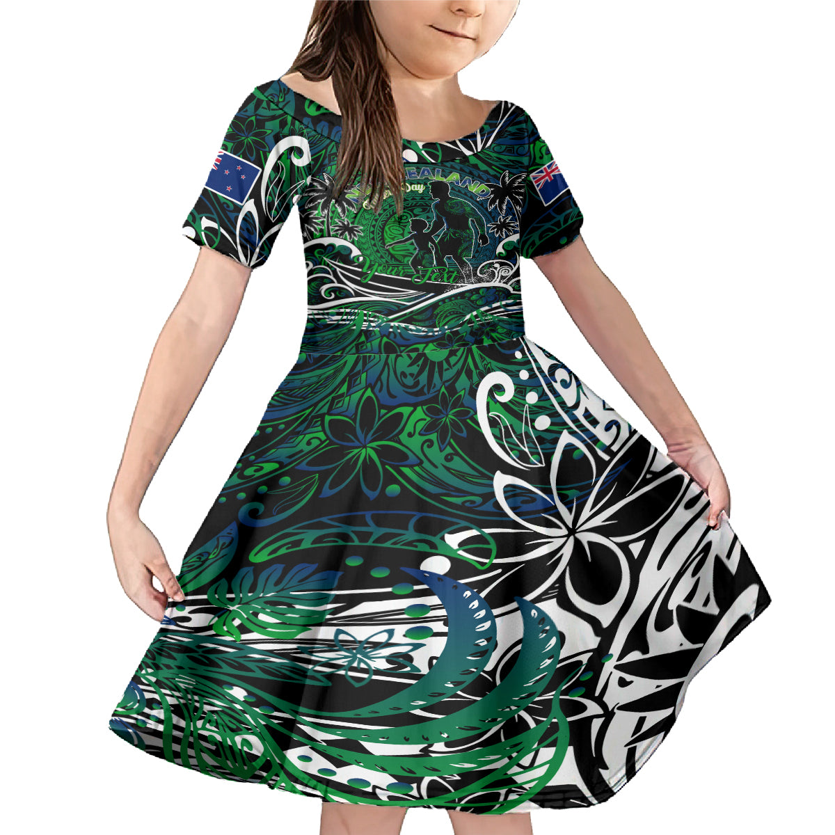 Father's Day New Zealand Family Matching Mermaid Dress and Hawaiian Shirt Special Dad Polynesia Paradise DT02 Daughter's Dress Green - Polynesian Pride