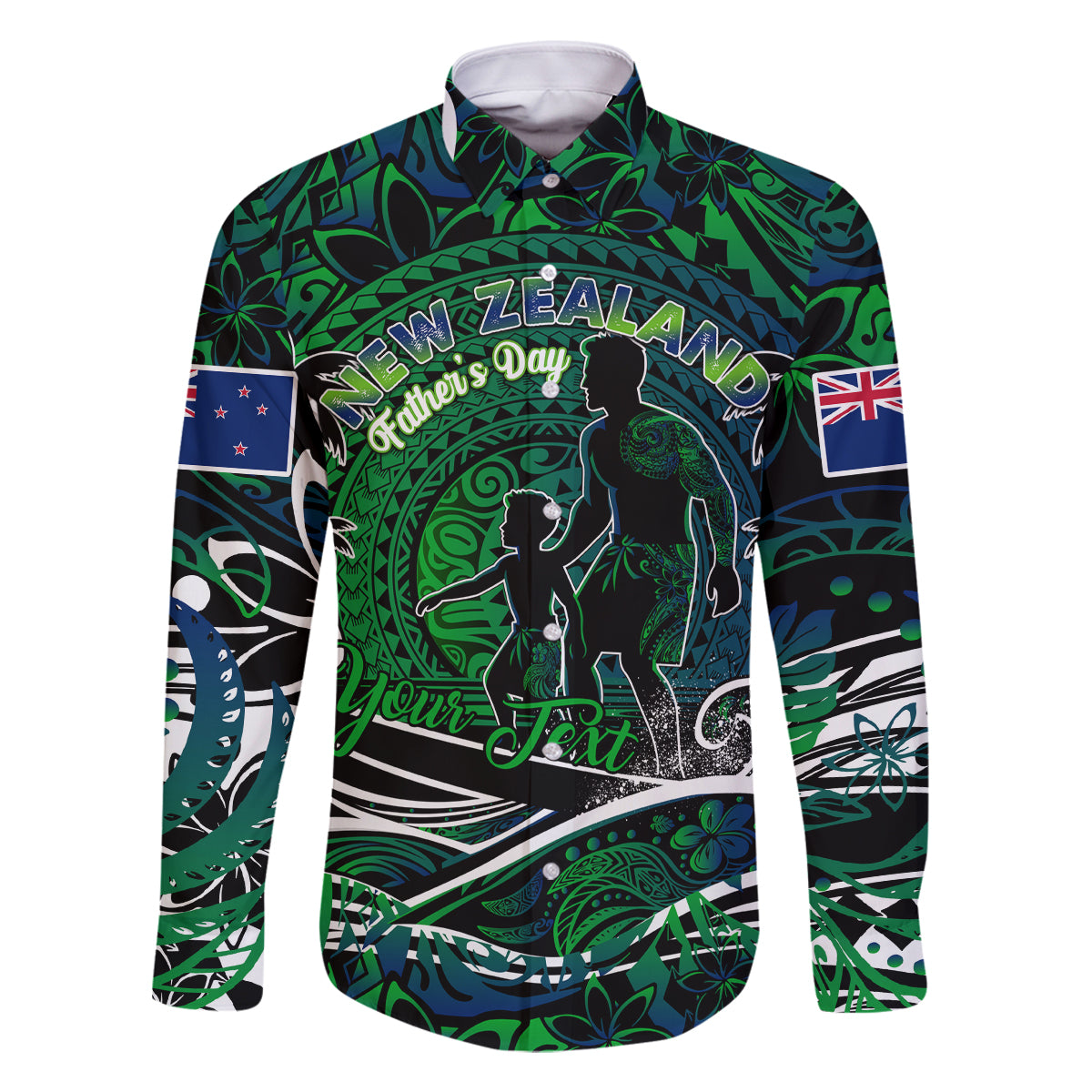 Father's Day New Zealand Family Matching Mermaid Dress and Hawaiian Shirt Special Dad Polynesia Paradise DT02 Dad's Shirt - Long Sleeve Green - Polynesian Pride