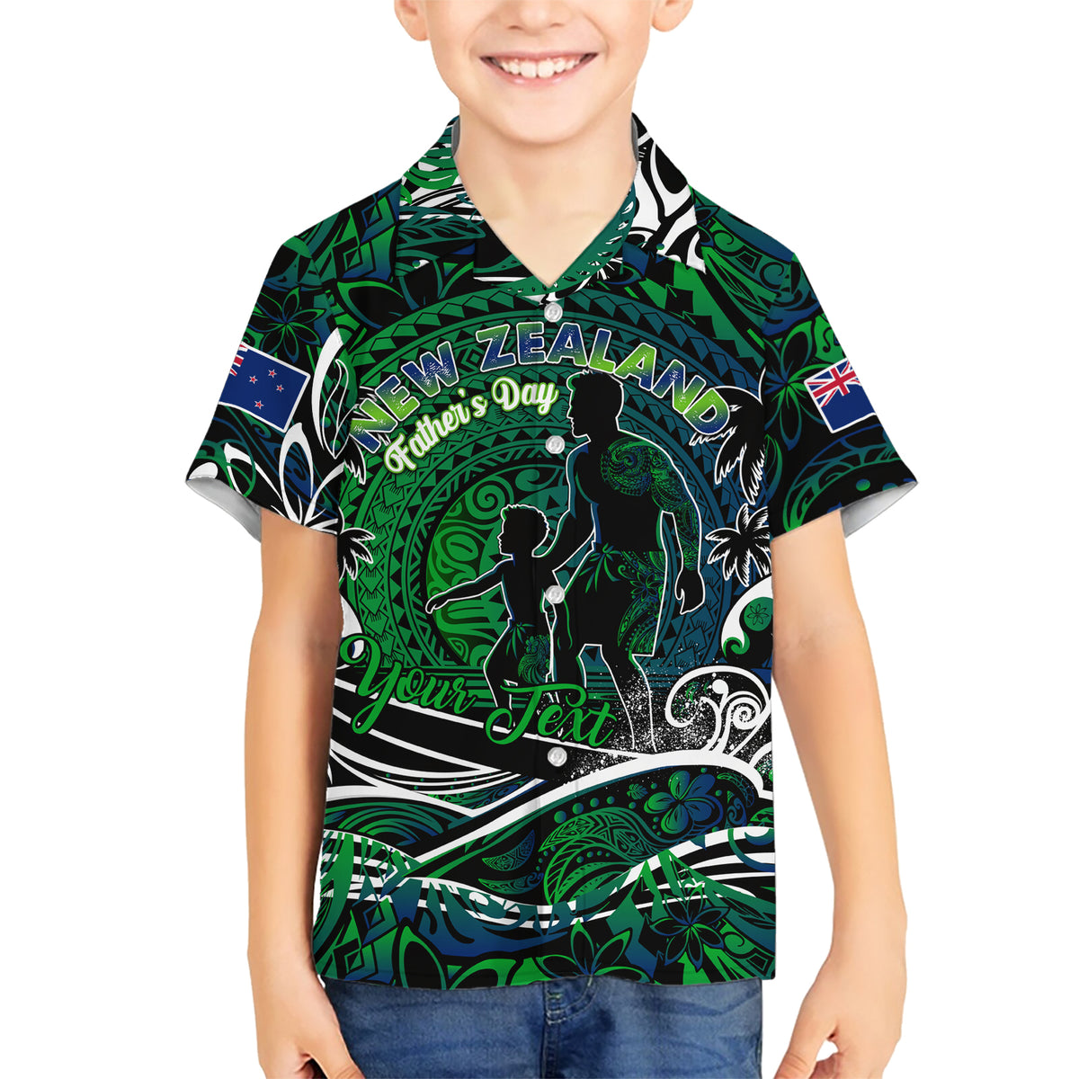 Father's Day New Zealand Family Matching Short Sleeve Bodycon Dress and Hawaiian Shirt Special Dad Polynesia Paradise DT02 Son's Shirt Green - Polynesian Pride