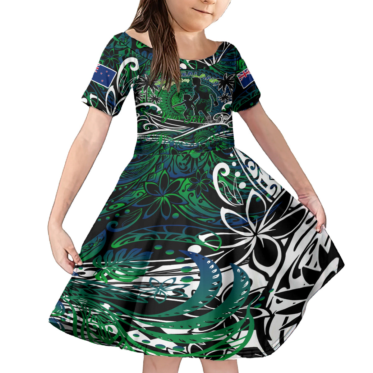Father's Day New Zealand Family Matching Tank Maxi Dress and Hawaiian Shirt Special Dad Polynesia Paradise DT02 Daughter's Dress Green - Polynesian Pride