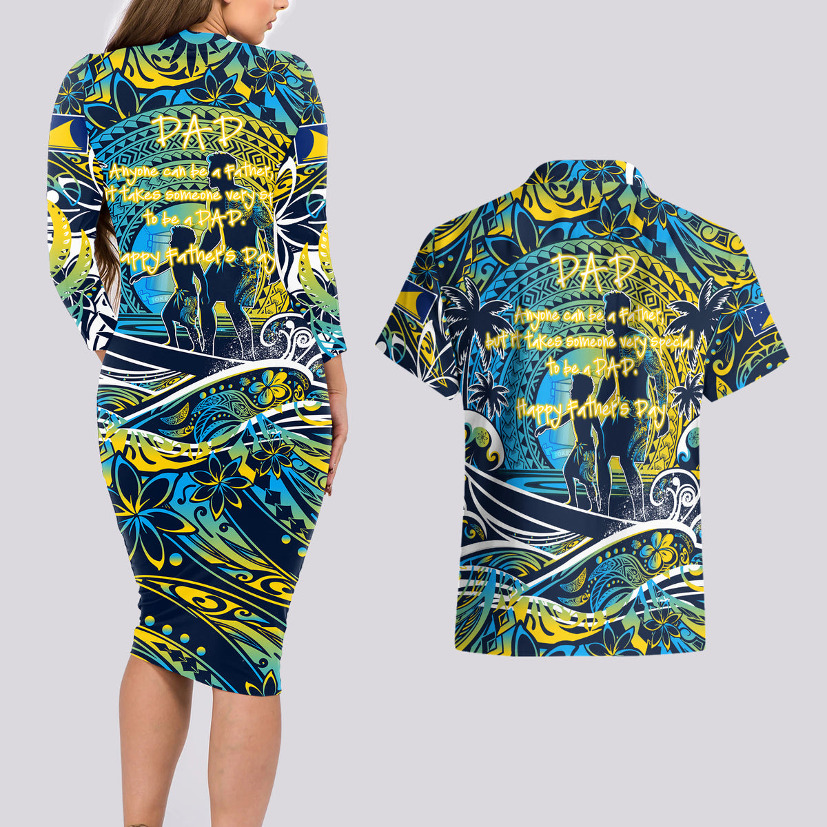 Father's Day Tokelau Couples Matching Long Sleeve Bodycon Dress and Hawaiian Shirt Special Dad Polynesia Paradise