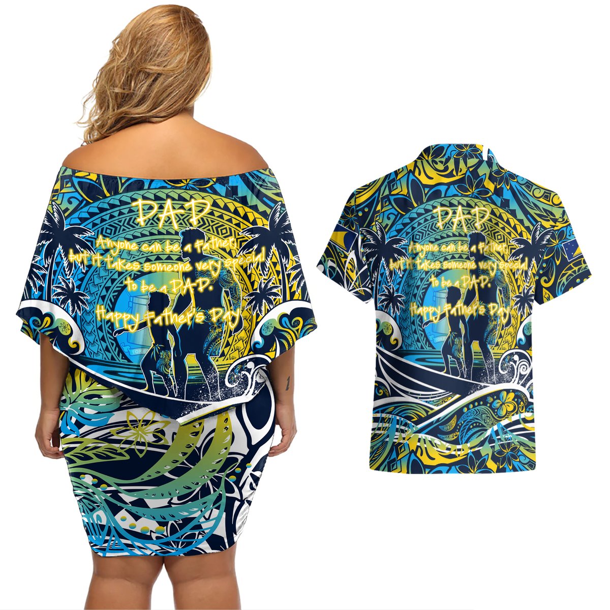 Father's Day Tokelau Couples Matching Off Shoulder Short Dress and Hawaiian Shirt Special Dad Polynesia Paradise