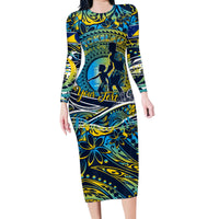 Father's Day Tokelau Family Matching Long Sleeve Bodycon Dress and Hawaiian Shirt Special Dad Polynesia Paradise DT02 Mom's Dress Blue - Polynesian Pride