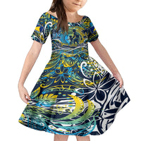 Father's Day Tokelau Family Matching Off The Shoulder Long Sleeve Dress and Hawaiian Shirt Special Dad Polynesia Paradise DT02 Daughter's Dress Blue - Polynesian Pride