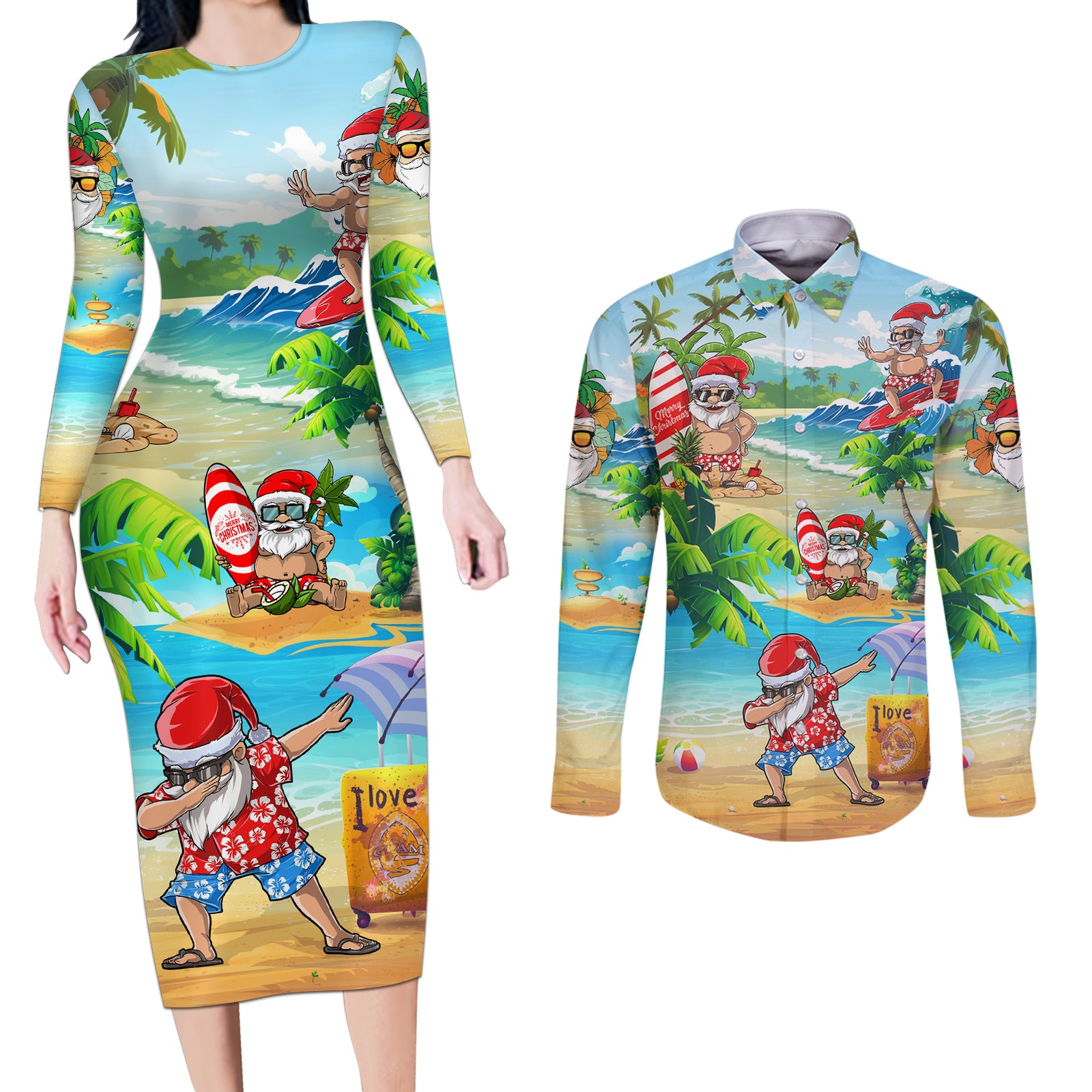 Guam Christmas Couples Matching Long Sleeve Bodycon Dress and Long Sleeve Button Shirts Santa Claus Beach and Wave DT02 Art - Polynesian Pride