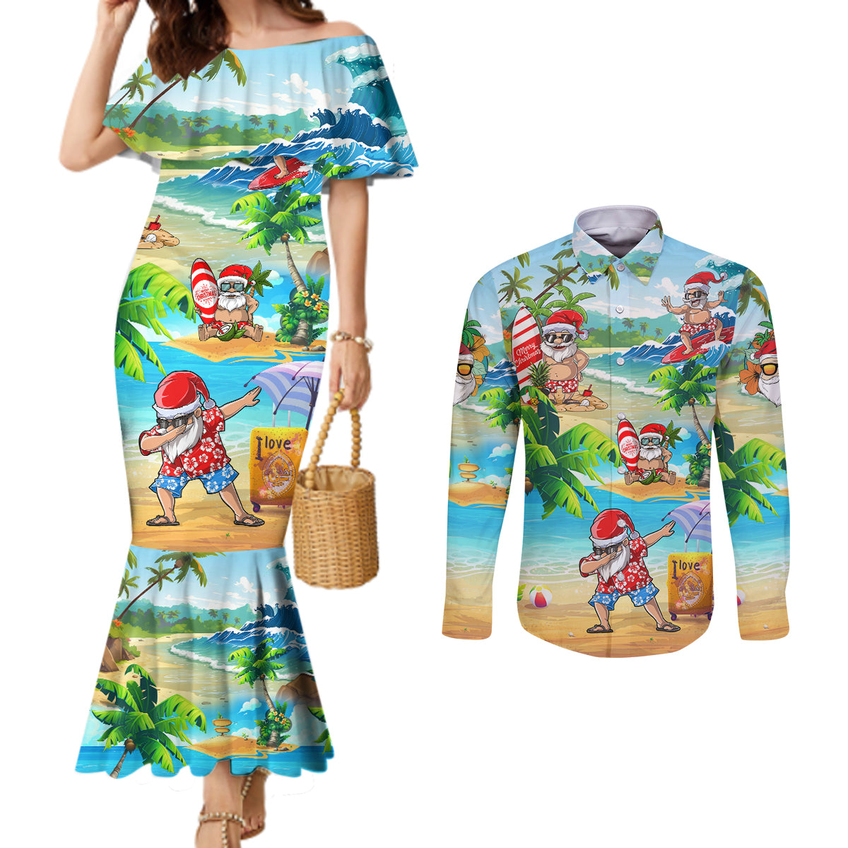Guam Christmas Couples Matching Mermaid Dress and Long Sleeve Button Shirts Santa Claus Beach and Wave DT02 Art - Polynesian Pride