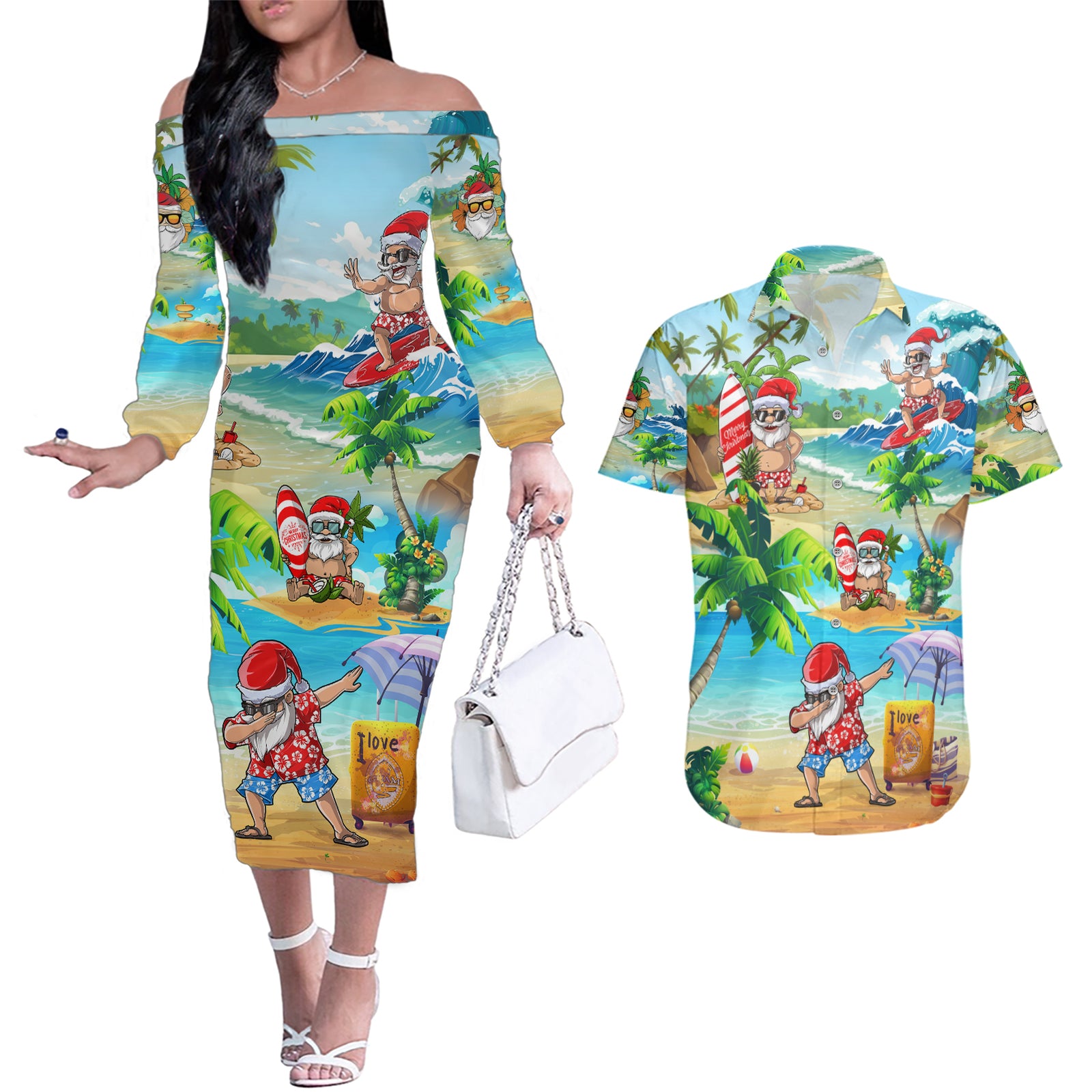 Guam Christmas Couples Matching Off The Shoulder Long Sleeve Dress and Hawaiian Shirt Santa Claus Beach and Wave DT02 Art - Polynesian Pride