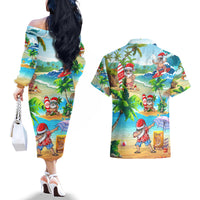 Guam Christmas Couples Matching Off The Shoulder Long Sleeve Dress and Hawaiian Shirt Santa Claus Beach and Wave DT02 - Polynesian Pride