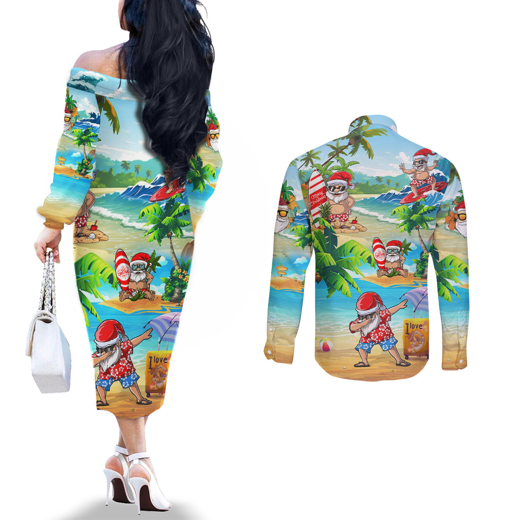 Guam Christmas Couples Matching Off The Shoulder Long Sleeve Dress and Long Sleeve Button Shirts Santa Claus Beach and Wave DT02 - Polynesian Pride