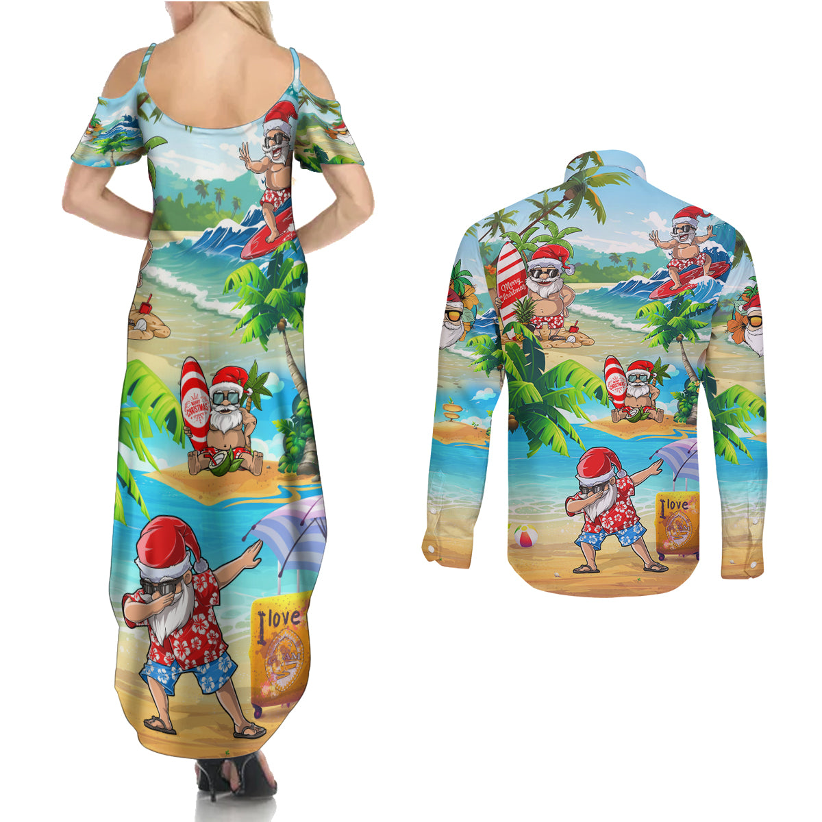 Guam Christmas Couples Matching Summer Maxi Dress and Long Sleeve Button Shirts Santa Claus Beach and Wave DT02 - Polynesian Pride
