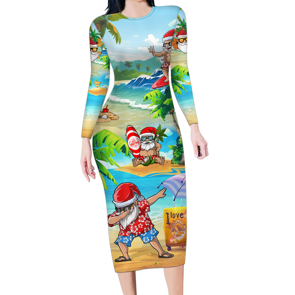 Guam Christmas Family Matching Long Sleeve Bodycon Dress and Hawaiian Shirt Santa Claus Beach and Wave DT02 Mom's Dress Art - Polynesian Pride