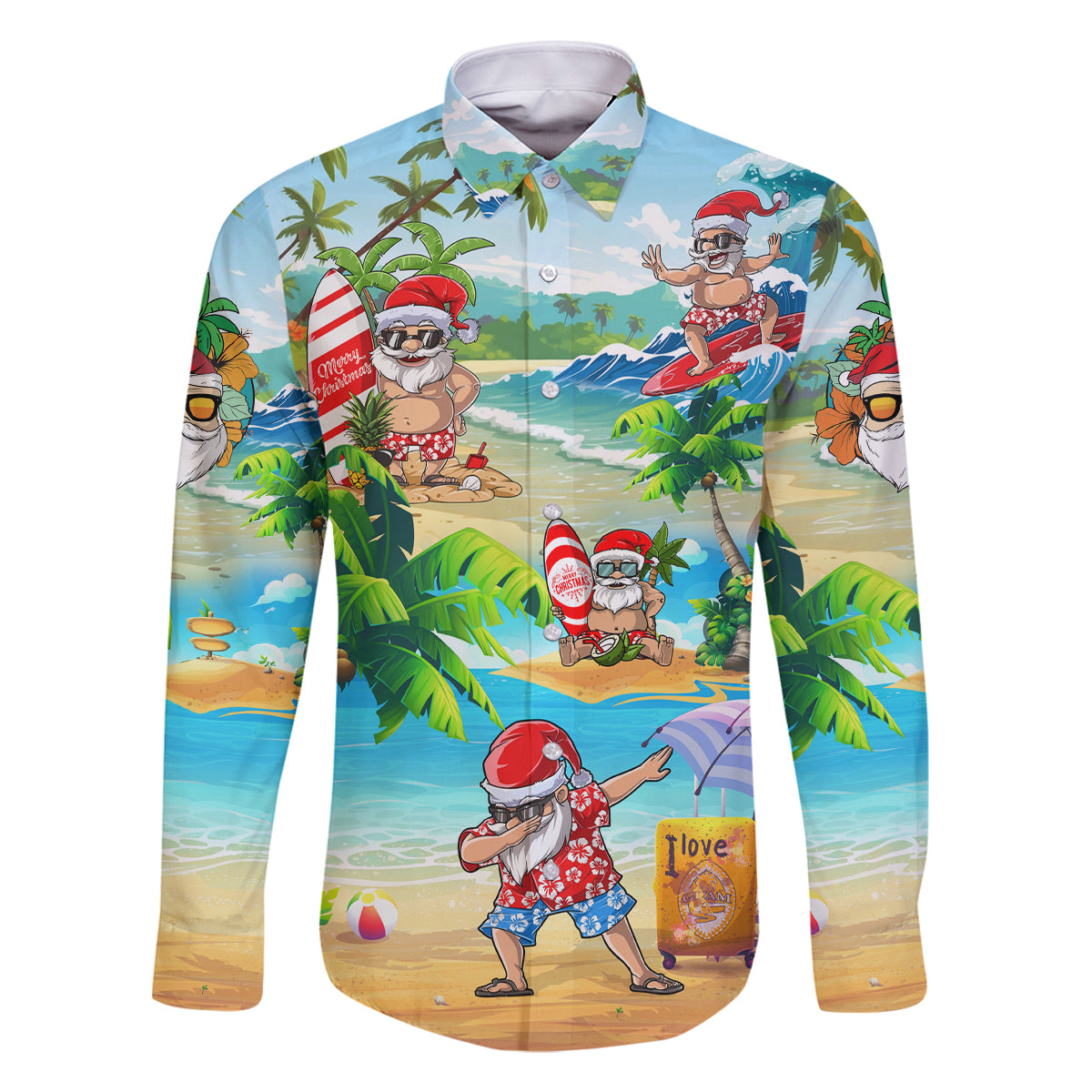 Guam Christmas Family Matching Off Shoulder Maxi Dress and Hawaiian Shirt Santa Claus Beach and Wave DT02 Dad's Shirt - Long Sleeve Art - Polynesian Pride