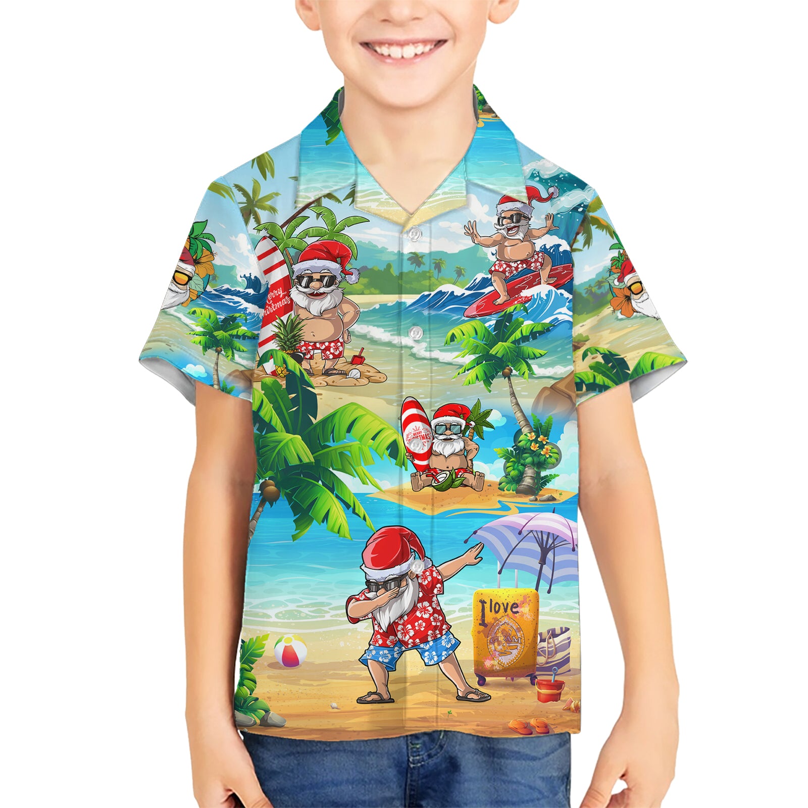 Guam Christmas Kid Hawaiian Shirt Santa Claus Beach and Wave DT02 Kid Art - Polynesian Pride