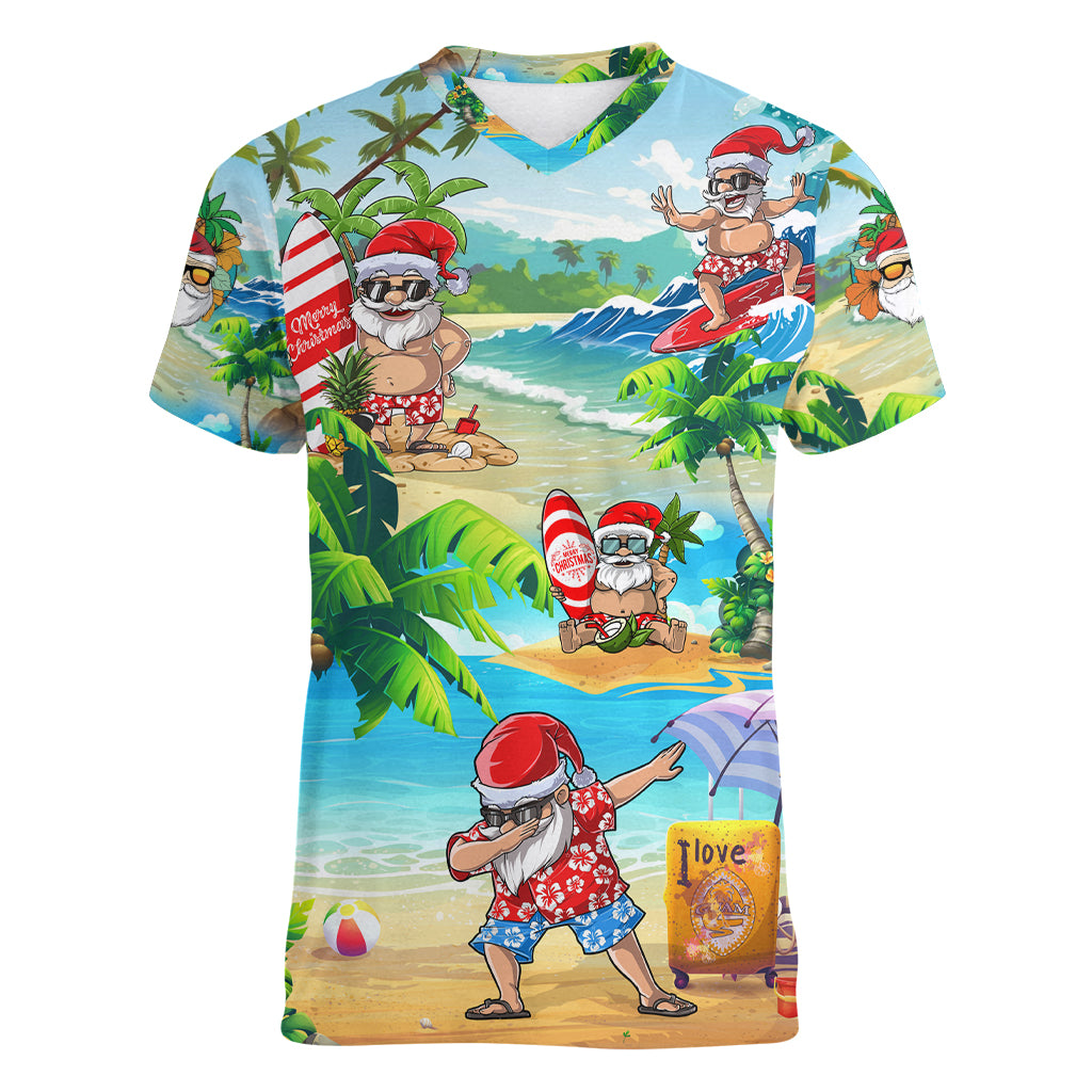 Guam Christmas Women V Neck T Shirt Santa Claus Beach and Wave DT02 Female Art - Polynesian Pride