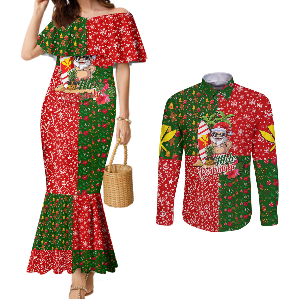 Hawaii Christmas Couples Matching Mermaid Dress and Long Sleeve Button Shirts Mele Kalikimaka Kanaka Maoli DT02 Art - Polynesian Pride