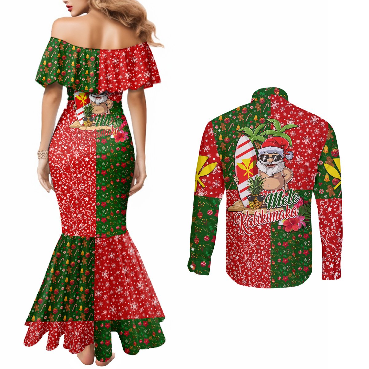 Hawaii Christmas Couples Matching Mermaid Dress and Long Sleeve Button Shirts Mele Kalikimaka Kanaka Maoli DT02 - Polynesian Pride