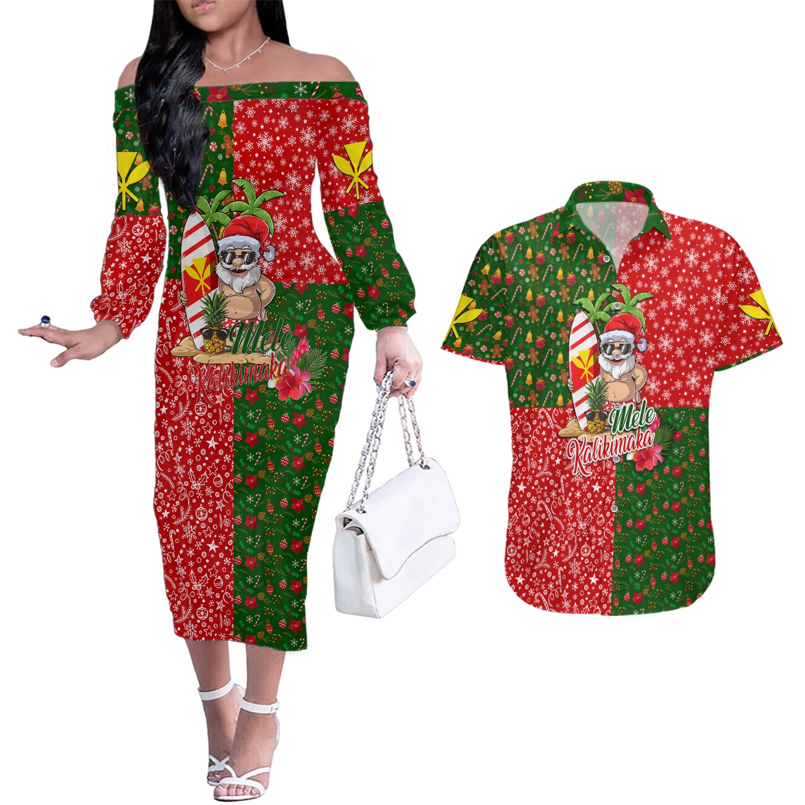 Hawaii Christmas Couples Matching Off The Shoulder Long Sleeve Dress and Hawaiian Shirt Mele Kalikimaka Kanaka Maoli DT02 Art - Polynesian Pride