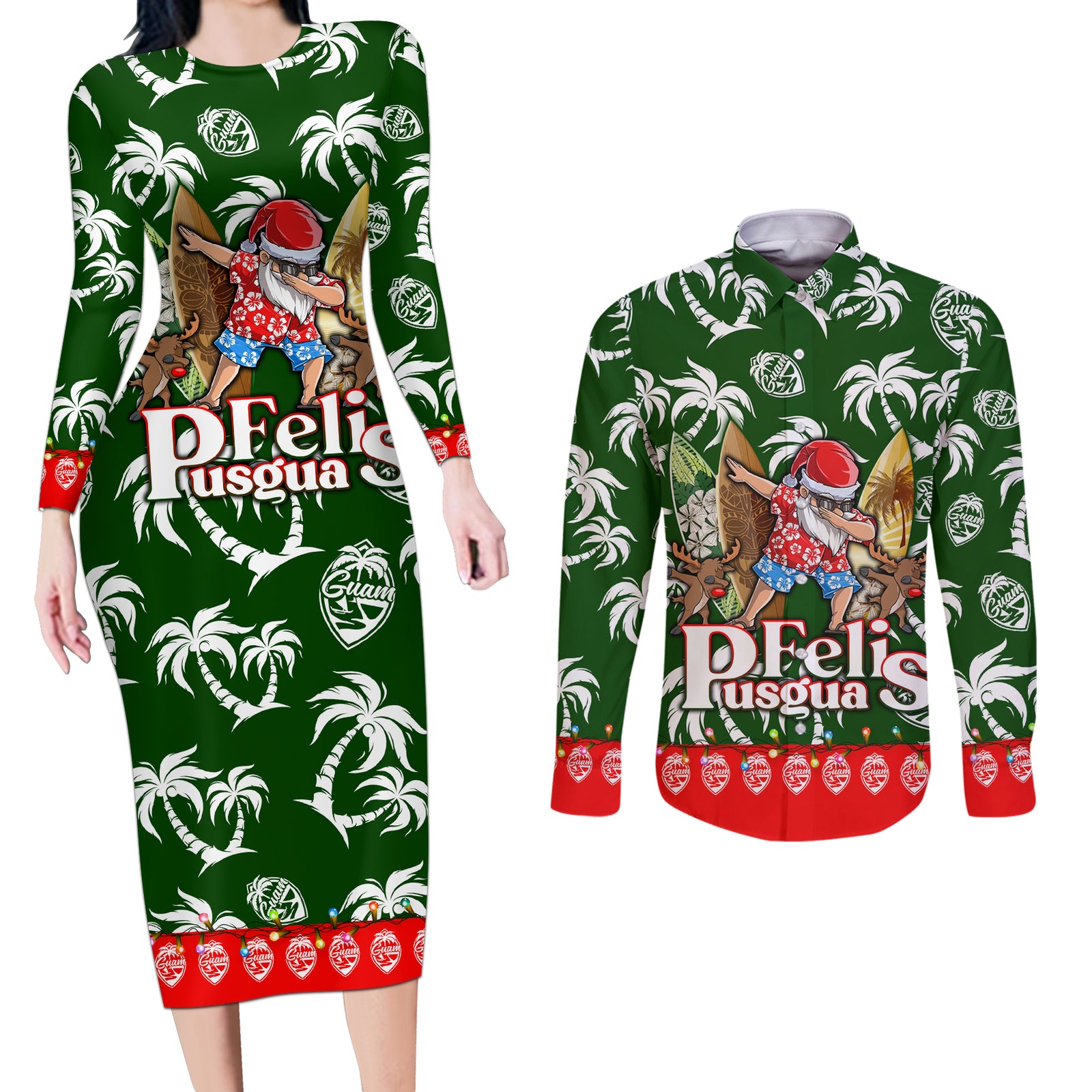 Guam Christmas Couples Matching Long Sleeve Bodycon Dress and Long Sleeve Button Shirts Felis Pusgua Tropical Xmas Patterns DT02 Green - Polynesian Pride