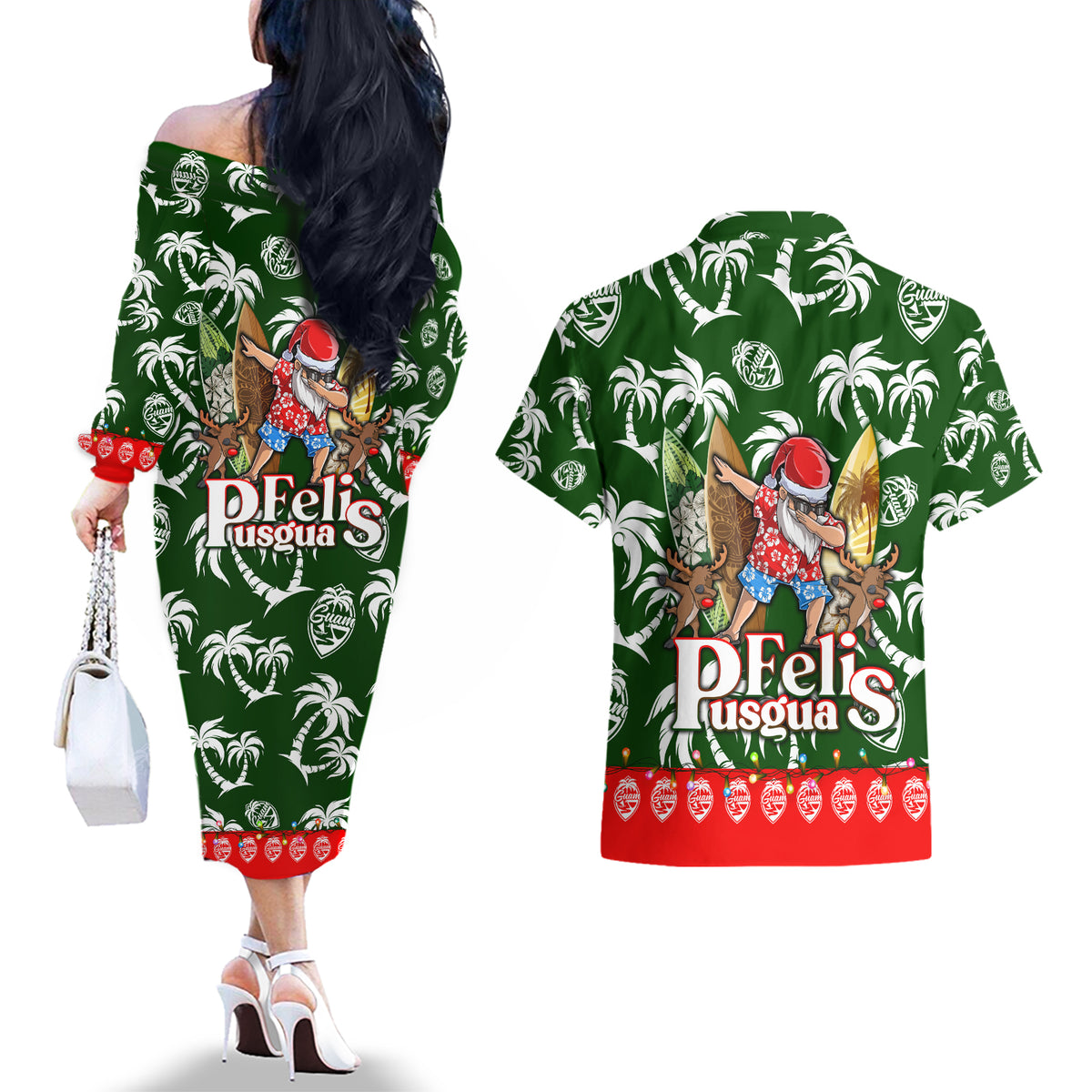 Guam Christmas Couples Matching Off The Shoulder Long Sleeve Dress and Hawaiian Shirt Felis Pusgua Tropical Xmas Patterns DT02 - Polynesian Pride