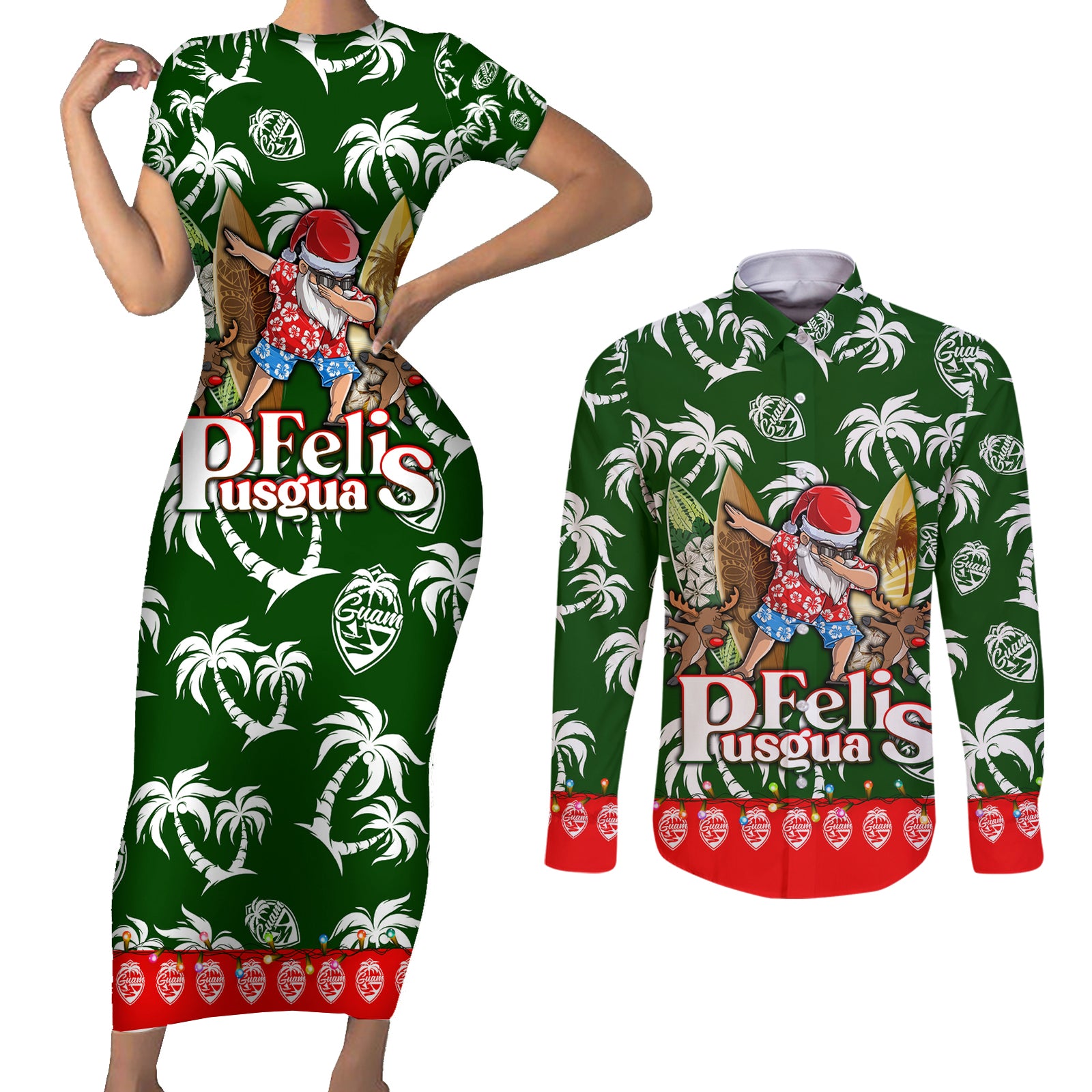 Guam Christmas Couples Matching Short Sleeve Bodycon Dress and Long Sleeve Button Shirts Felis Pusgua Tropical Xmas Patterns DT02 Green - Polynesian Pride