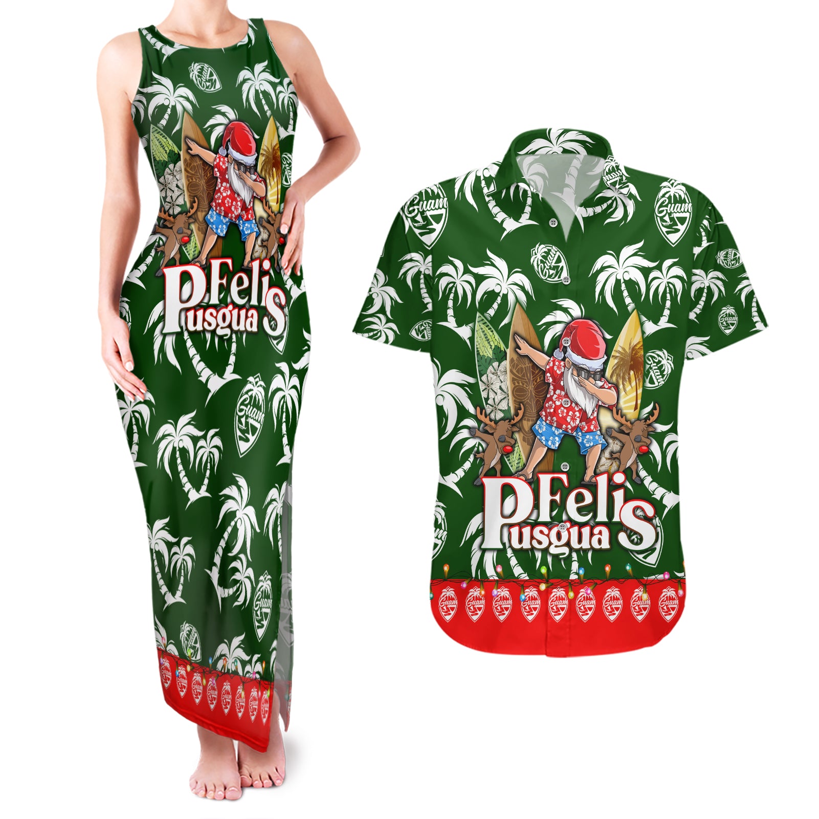 Guam Christmas Couples Matching Tank Maxi Dress and Hawaiian Shirt Felis Pusgua Tropical Xmas Patterns DT02 Green - Polynesian Pride