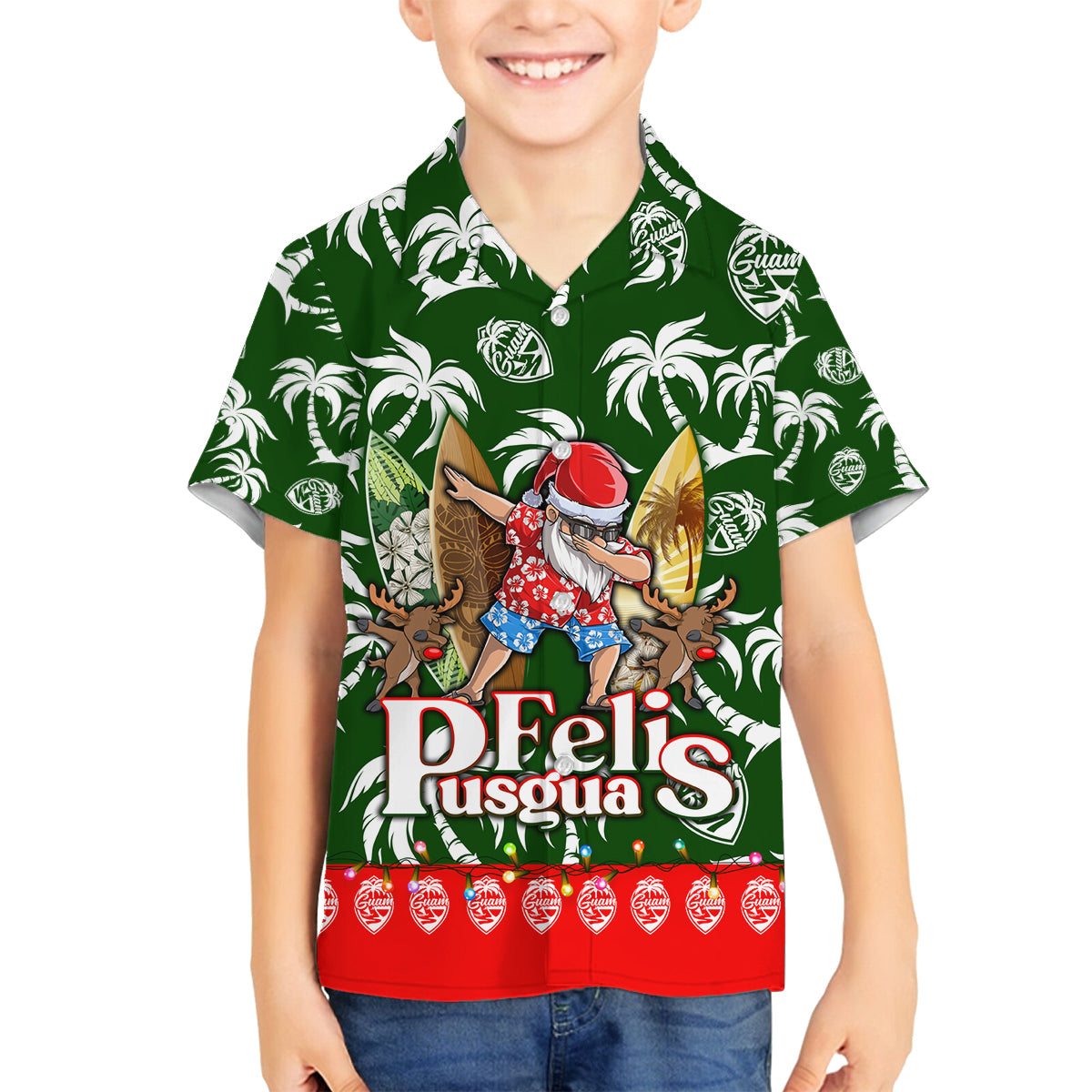 Guam Christmas Family Matching Off Shoulder Maxi Dress and Hawaiian Shirt Felis Pusgua Tropical Xmas Patterns DT02 Son's Shirt Green - Polynesian Pride