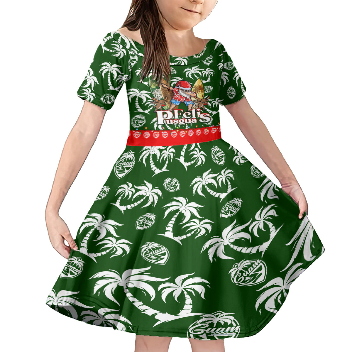 Guam Christmas Family Matching Tank Maxi Dress and Hawaiian Shirt Felis Pusgua Tropical Xmas Patterns DT02 Daughter's Dress Green - Polynesian Pride