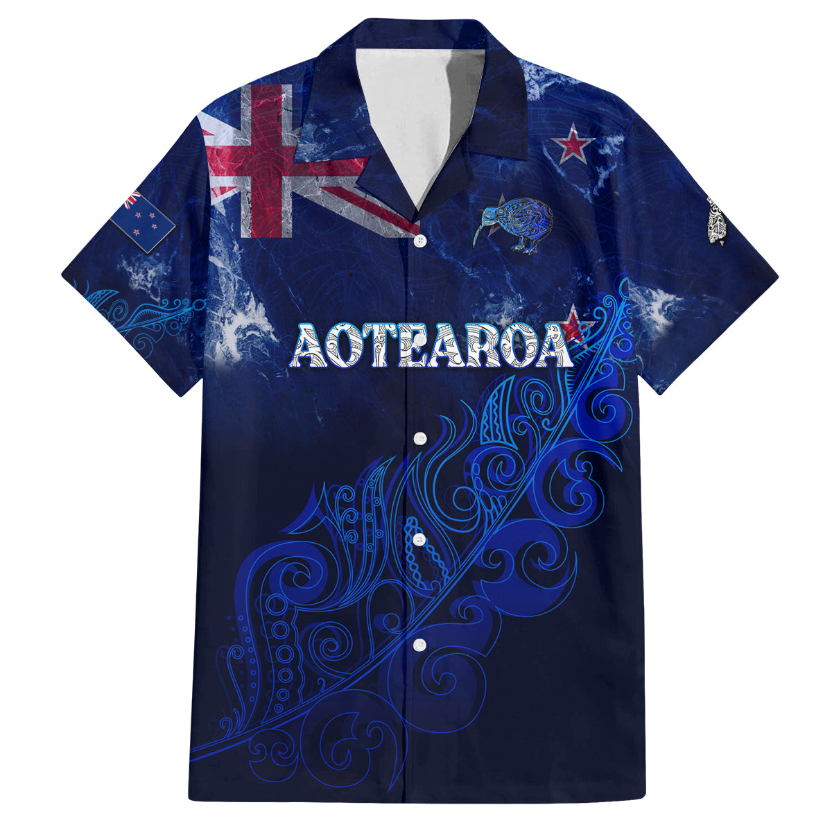 Personalised New Zealand Family Matching Off Shoulder Long Sleeve Dress and Hawaiian Shirt Aotearoa Map Silver Fern DT02 Dad's Shirt - Short Sleeve Blue - Polynesian Pride