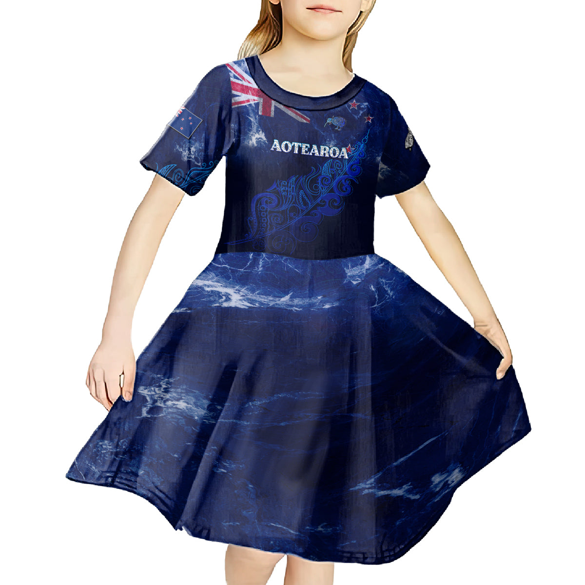 Personalised New Zealand Kid Short Sleeve Dress Aotearoa Map Silver Fern DT02 - Polynesian Pride