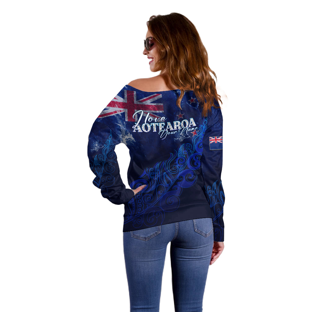 Personalised New Zealand Off Shoulder Sweater Aotearoa Map Silver Fern DT02 - Polynesian Pride