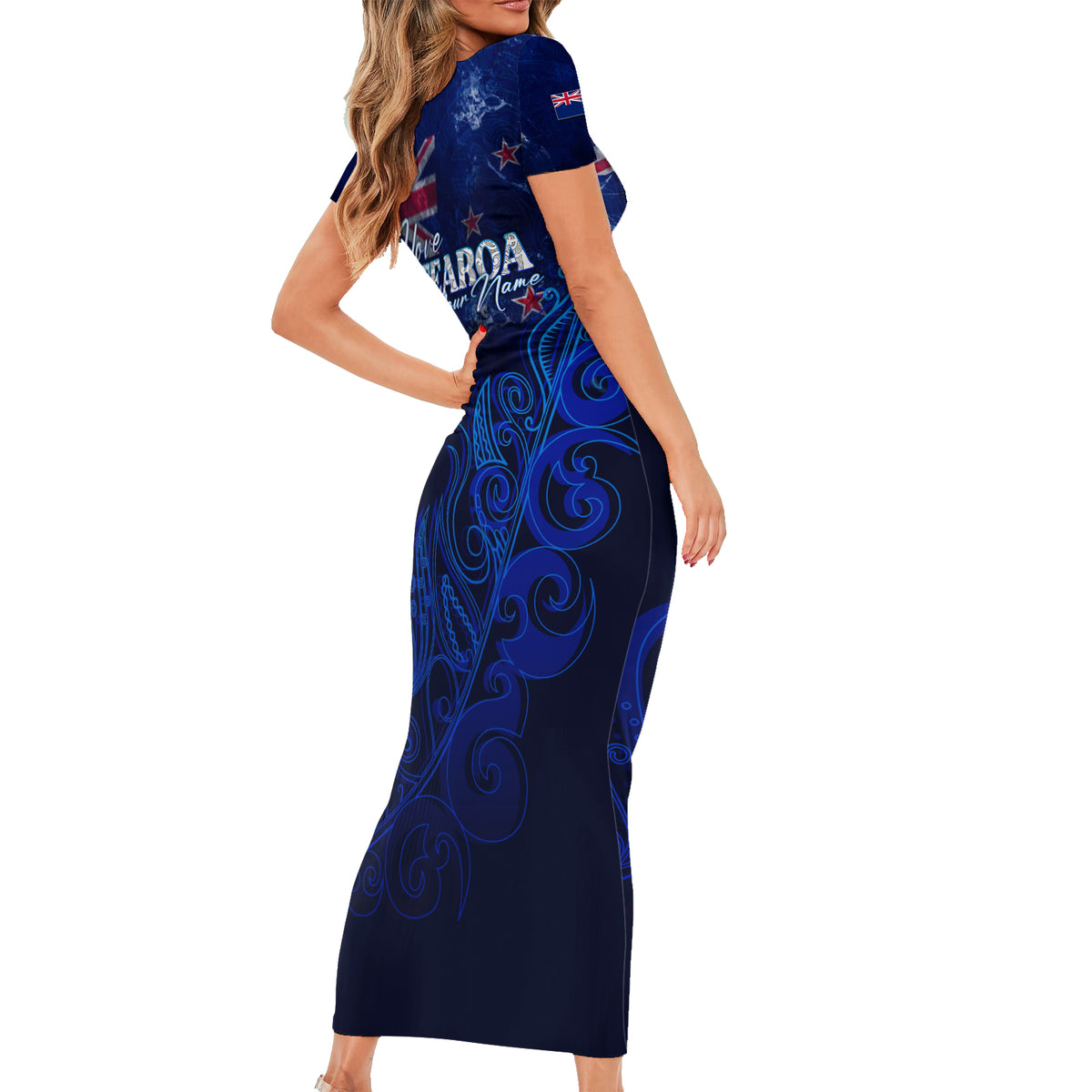 Personalised New Zealand Short Sleeve Bodycon Dress Aotearoa Map Silver Fern DT02 - Polynesian Pride